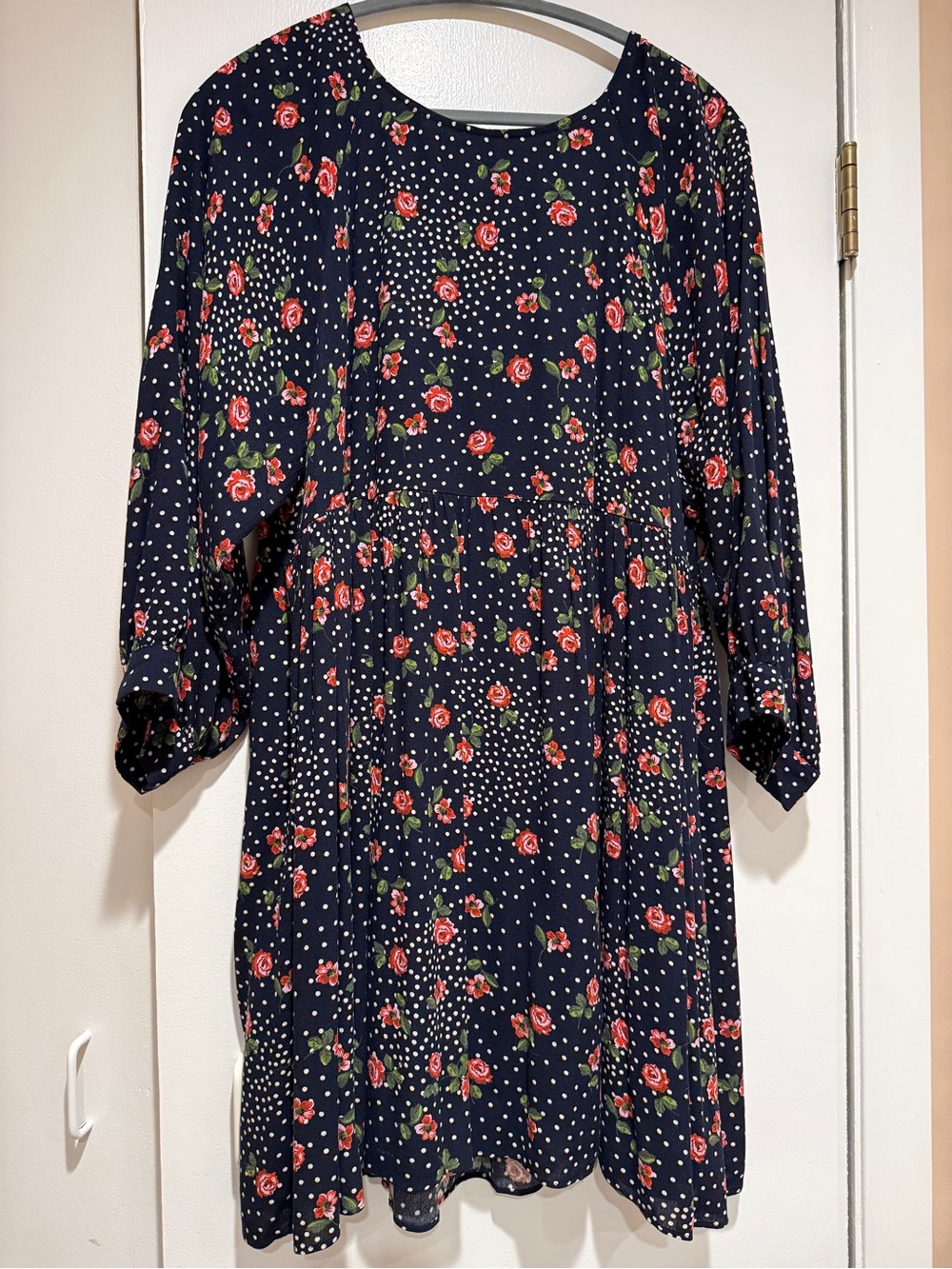 Sezane Navy Floral Polka Dot Long Sleeve Dress